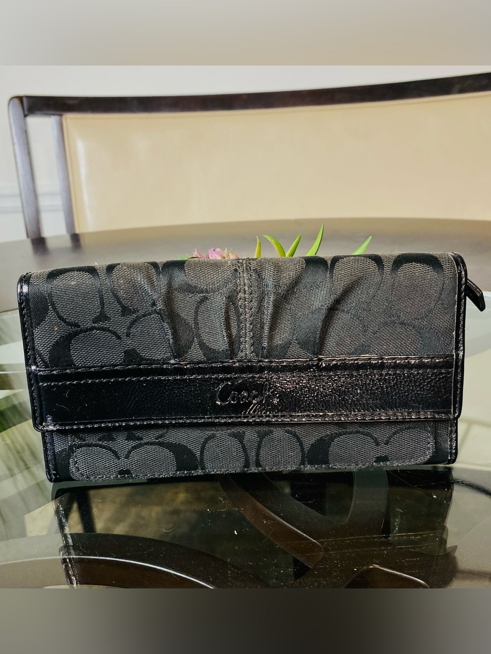 Coach Soho Black Signature Jacquard Pleated Wallet Checkbook Patent Trim Vintage